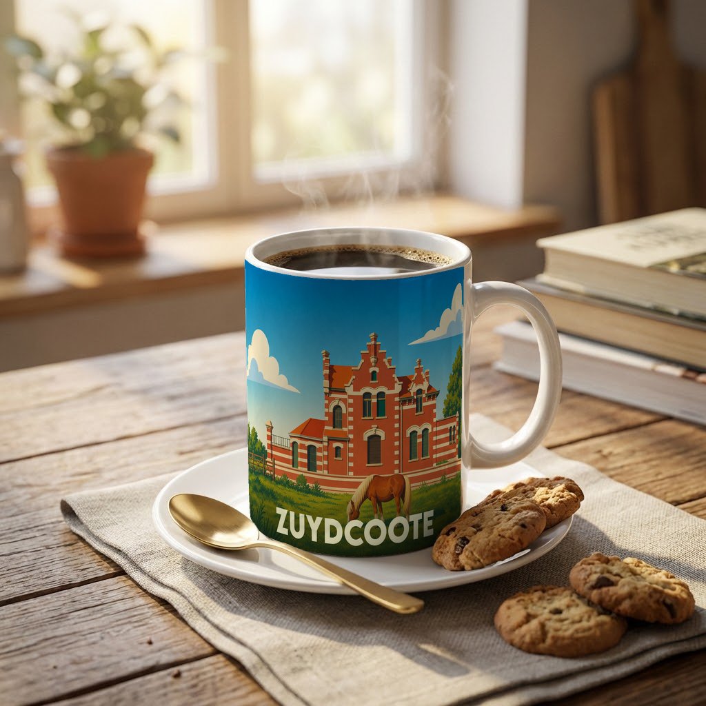 Mug souvenir de la ville de Zuydcoote avec une illustration stylisée d'un bâtiment flamand et d'un cheval.