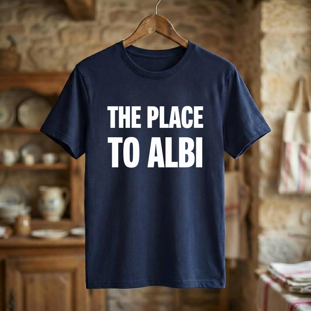 T-shirt bleu marine souvenir de la ville d'Albi avec l'inscription blanche « THE PLACE TO ALBI ».