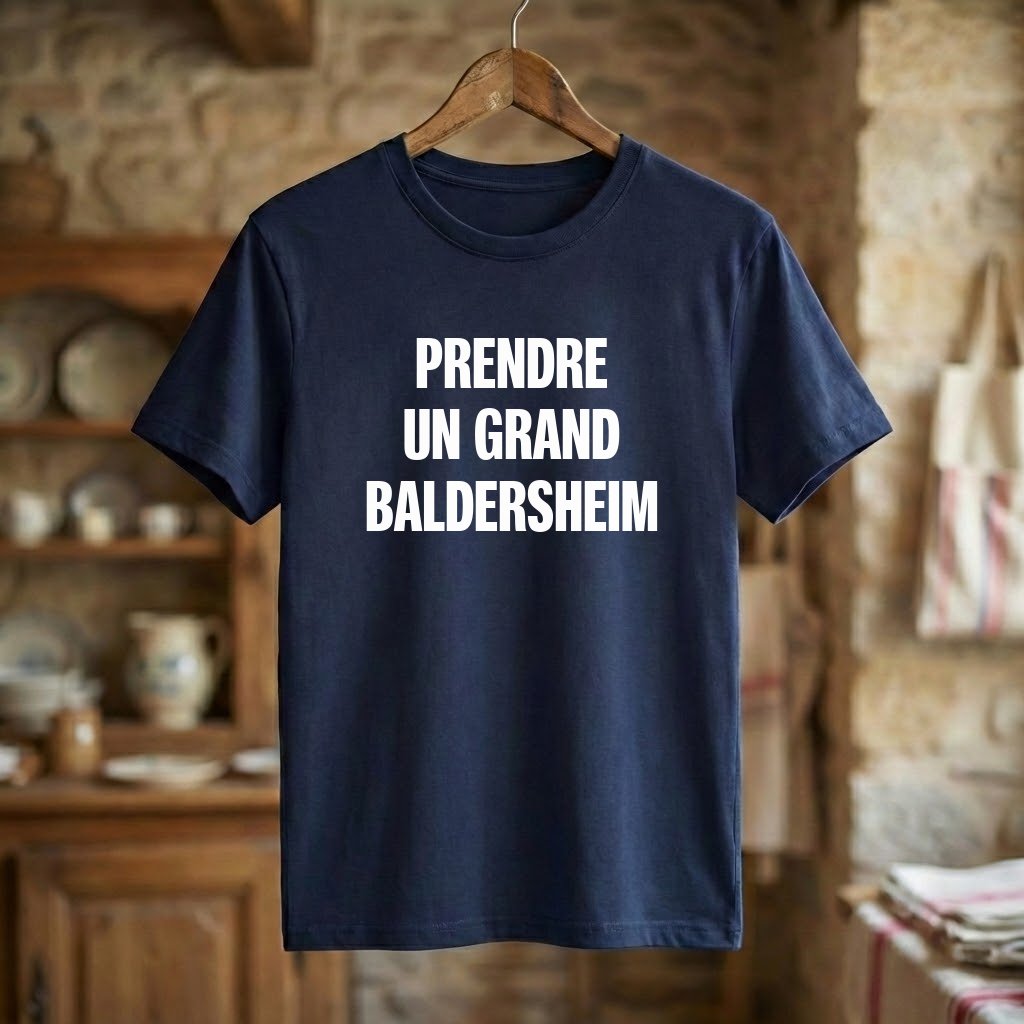 T-shirt bleu marine avec l'inscription blanche « PRENDRE UN GRAND BALDERSHEIM », souvenir de la ville de Baldersheim.