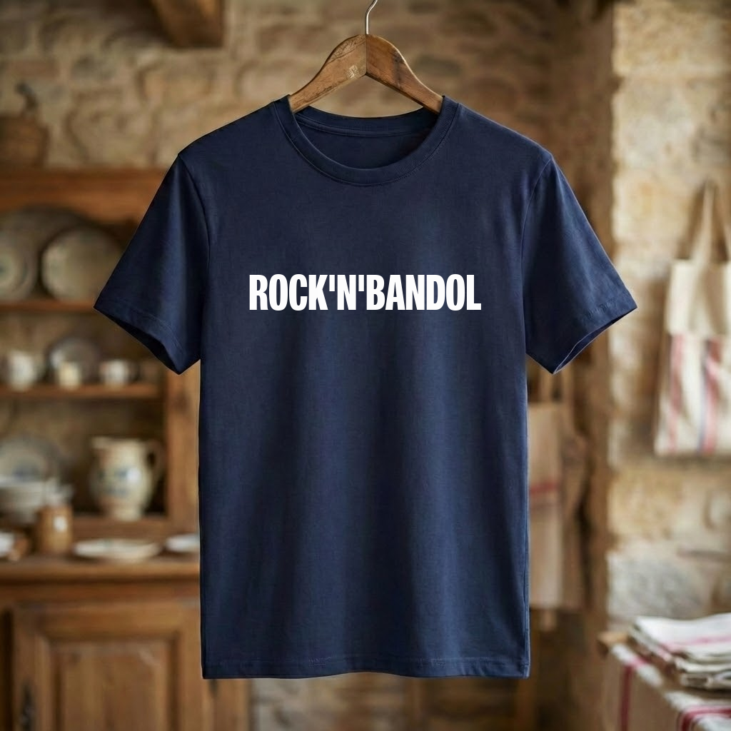 Tee-shirt bleu marine souvenir de la ville de Bandol avec l'inscription blanche "ROCK'N'BANDOL".