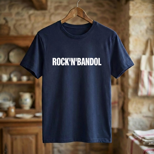 Tee-shirt bleu marine souvenir de la ville de Bandol avec l'inscription blanche "ROCK'N'BANDOL".