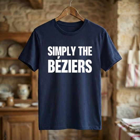 Tee-shirt bleu marine souvenir de la ville de Béziers avec l'inscription blanche « Simply the Béziers ».