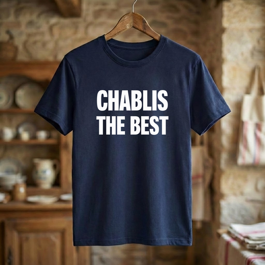 Tee-shirt souvenir de la ville de Chablis avec l'inscription "CHABLIS THE BEST" en lettres blanches.