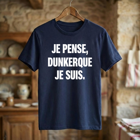 Tee-shirt bleu marine souvenir de Dunkerque avec l'inscription « Je pense, Dunkerque je suis ».