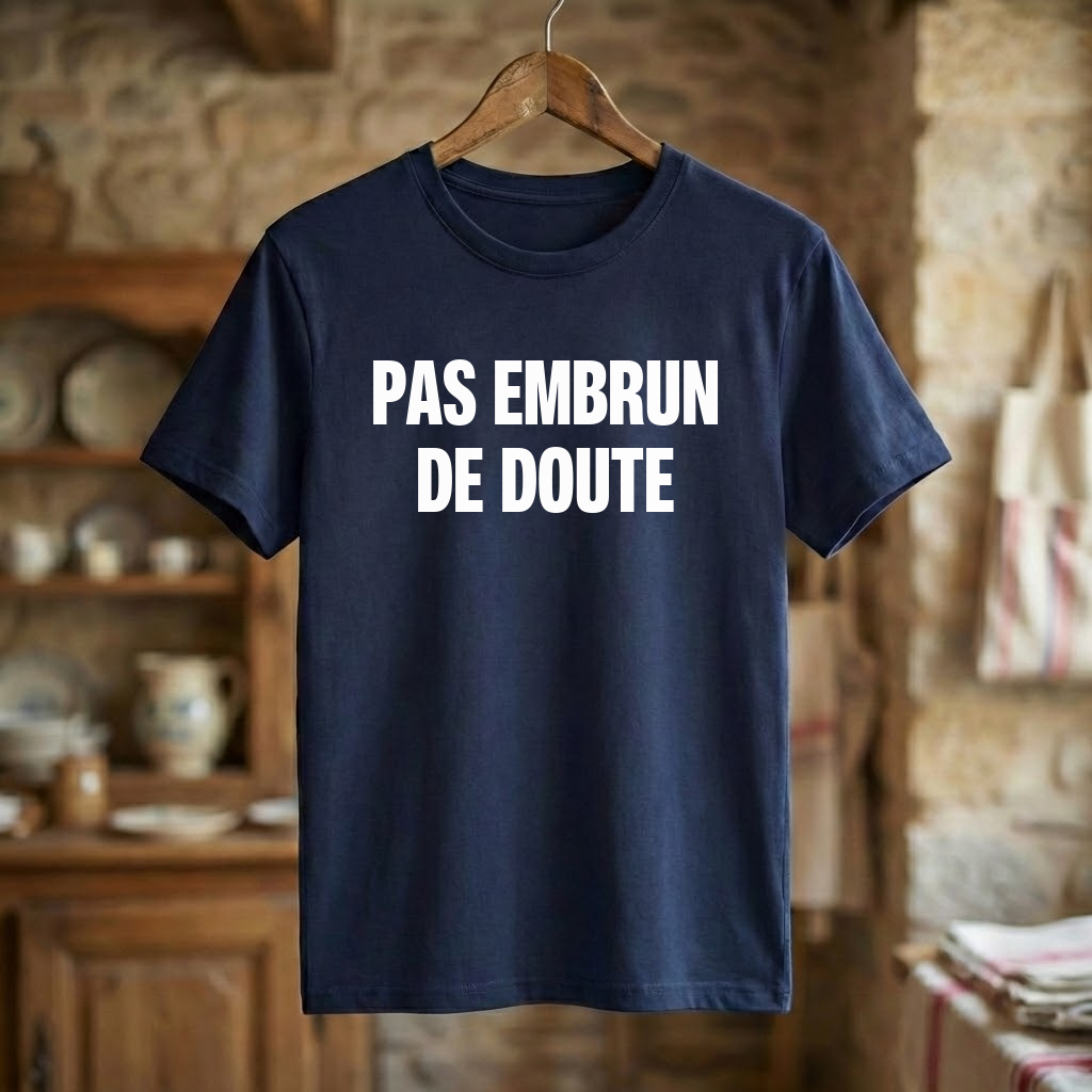 Tee-shirt bleu marine souvenir de la ville d'Embrun avec l'inscription blanche « PAS EMBRUN DE DOUTE ».