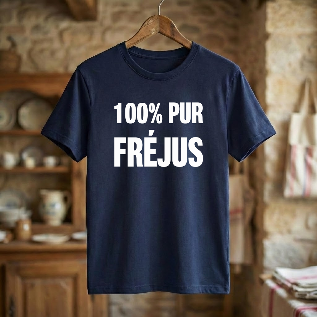 T-shirt bleu marine souvenir de la ville de Fréjus avec l'inscription blanche "100% PUR FRÉJUS".