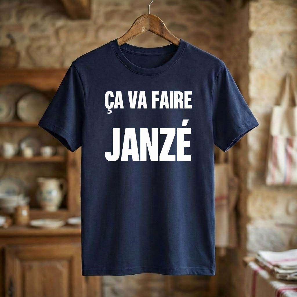 T-shirt souvenir de la ville de Janzé avec l'inscription blanche "ÇA VA FAIRE JANZÉ" sur fond bleu marine.