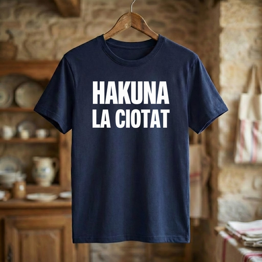 T-shirt bleu marine souvenir de la ville de La Ciotat avec l'inscription blanche "Hakuna La Ciotat".