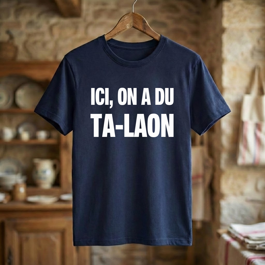 Tee-shirt souvenir de la ville de Laon avec une inscription typographique humoristique.