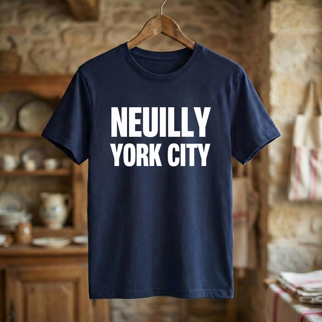 Tee-shirt souvenir de la ville de Neuilly-sur-Marne avec l'inscription blanche "NEUILLY YORK CITY".