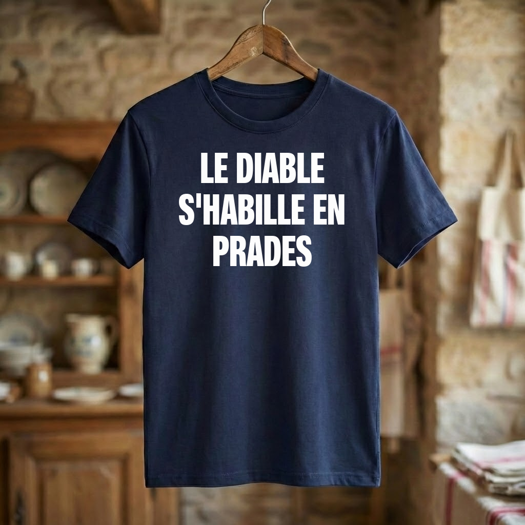Tee-shirt souvenir de la ville de Prades avec l'inscription « Le diable s'habille en Prades ».