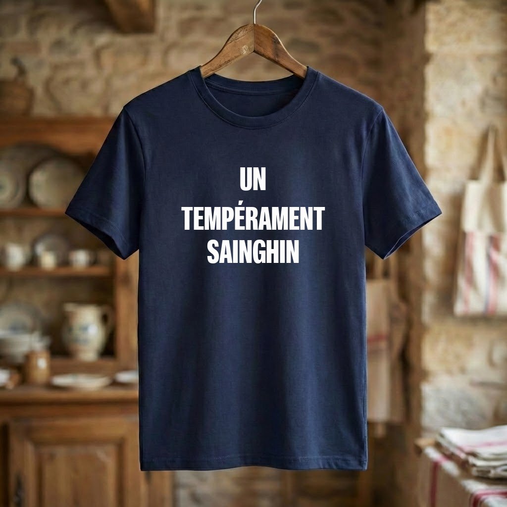 T-shirt bleu marine avec l'inscription blanche « UN TEMPÉRAMENT SAINGHIN » en souvenir de la ville de Sainghin-en-Mélantois.