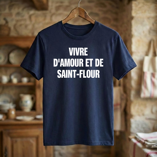 T-shirt bleu marine souvenir de la ville de Saint-Flour avec le texte « Vivre d'amour et de Saint-Flour ».
