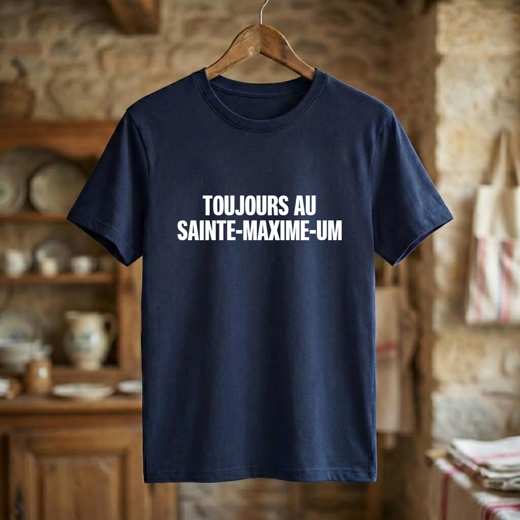 Tee-shirt bleu marine souvenir de la ville de Sainte-Maxime avec l'inscription humoristique « Toujours au Sainte-Maxime-um ».