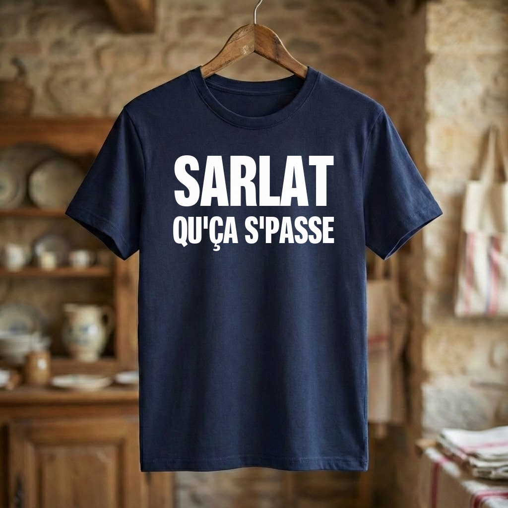 Tee-shirt bleu marine souvenir de la ville de Sarlat avec l'inscription « SARLAT QU'ÇA S'PASSE ».