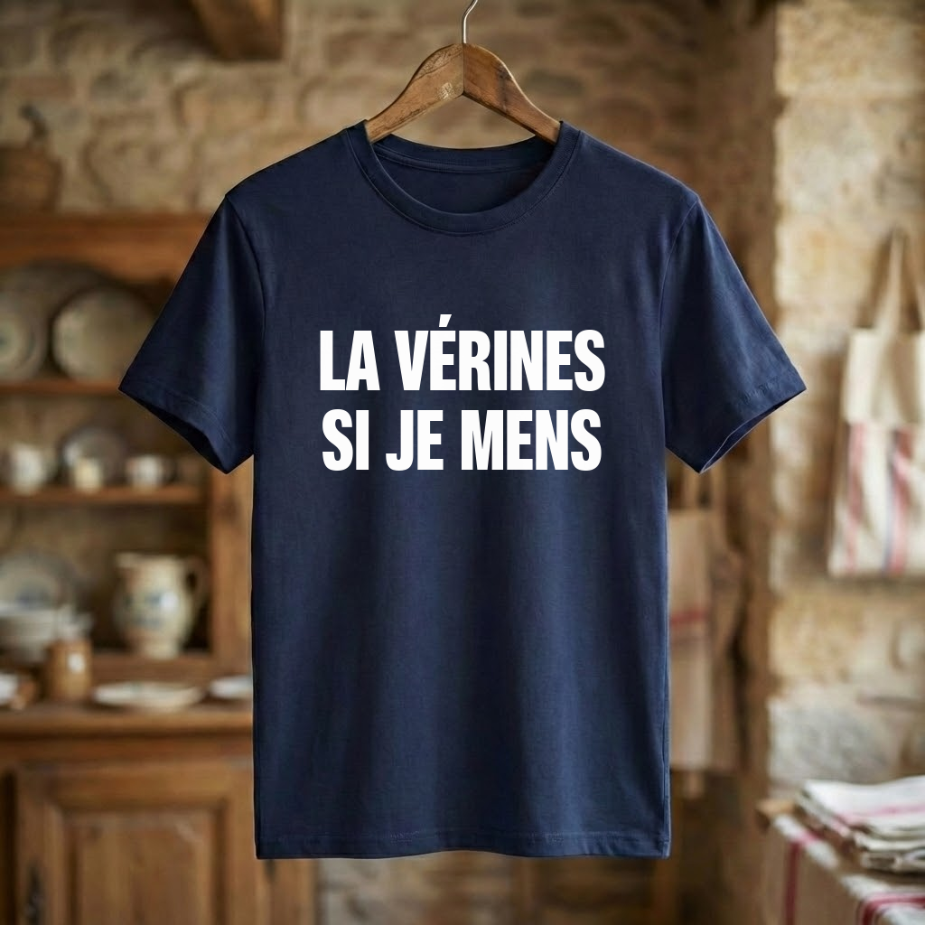 T-shirt souvenir de la ville de Vérines avec l'inscription blanche "La Vérines si je mens".