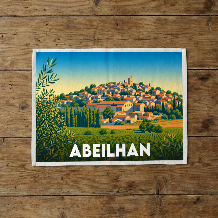 Torchon souvenir de la ville d'Abeilhan avec une illustration stylisée du village et de ses vignobles.