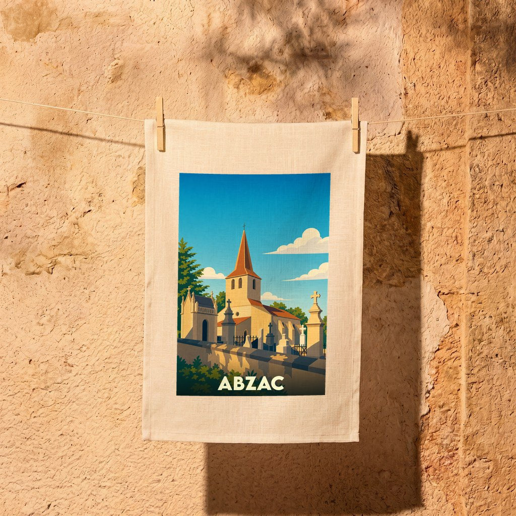 Torchon souvenir de la ville de Abzac avec une illustration stylisée d'une église et de son cimetière.