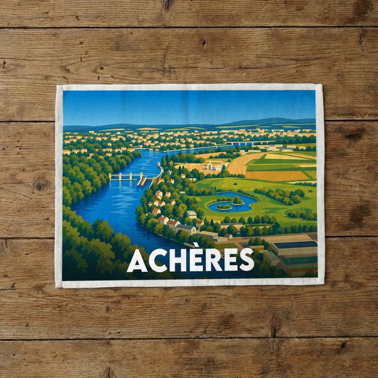 Torchon souvenir de la ville d'Achères avec une illustration stylisée.