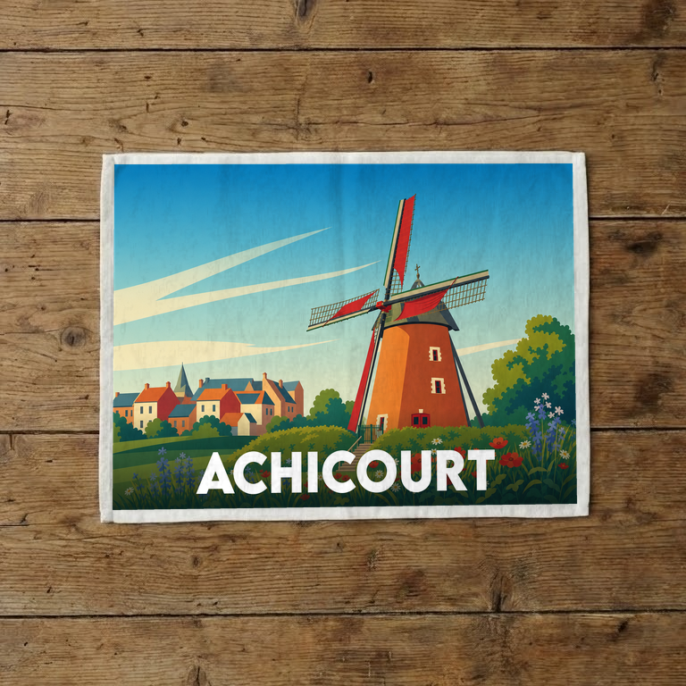 Torchon souvenir de la ville d'Achicourt illustré d'un moulin typique et d'un paysage de village stylisé.