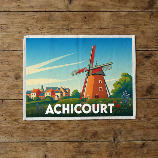 Torchon souvenir de la ville d'Achicourt illustré d'un moulin typique et d'un paysage de village stylisé.