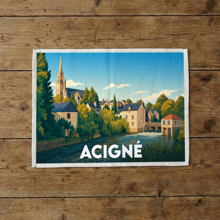 Torchon souvenir de la ville d'Acigné avec une illustration stylisée d'un paysage fluvial et de son église.