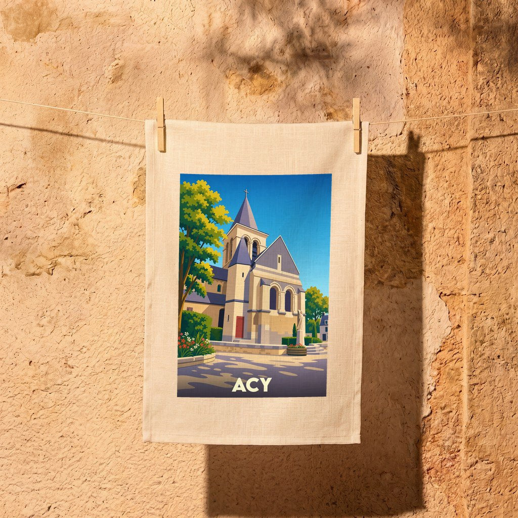 Torchon souvenir de la ville d'Acy illustré d'une église de style roman sous un ciel bleu.