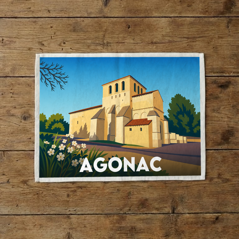 Torchon souvenir de la ville d'Agonac avec une illustration graphique de son église.