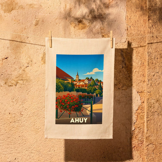 Torchon souvenir de la ville d'Ahuy avec une illustration stylisée et colorée.