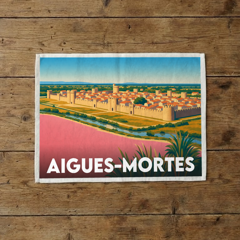 Torchon souvenir de la ville d'Aigues-Mortes avec une illustration stylisée de ses remparts et de ses eaux roses.