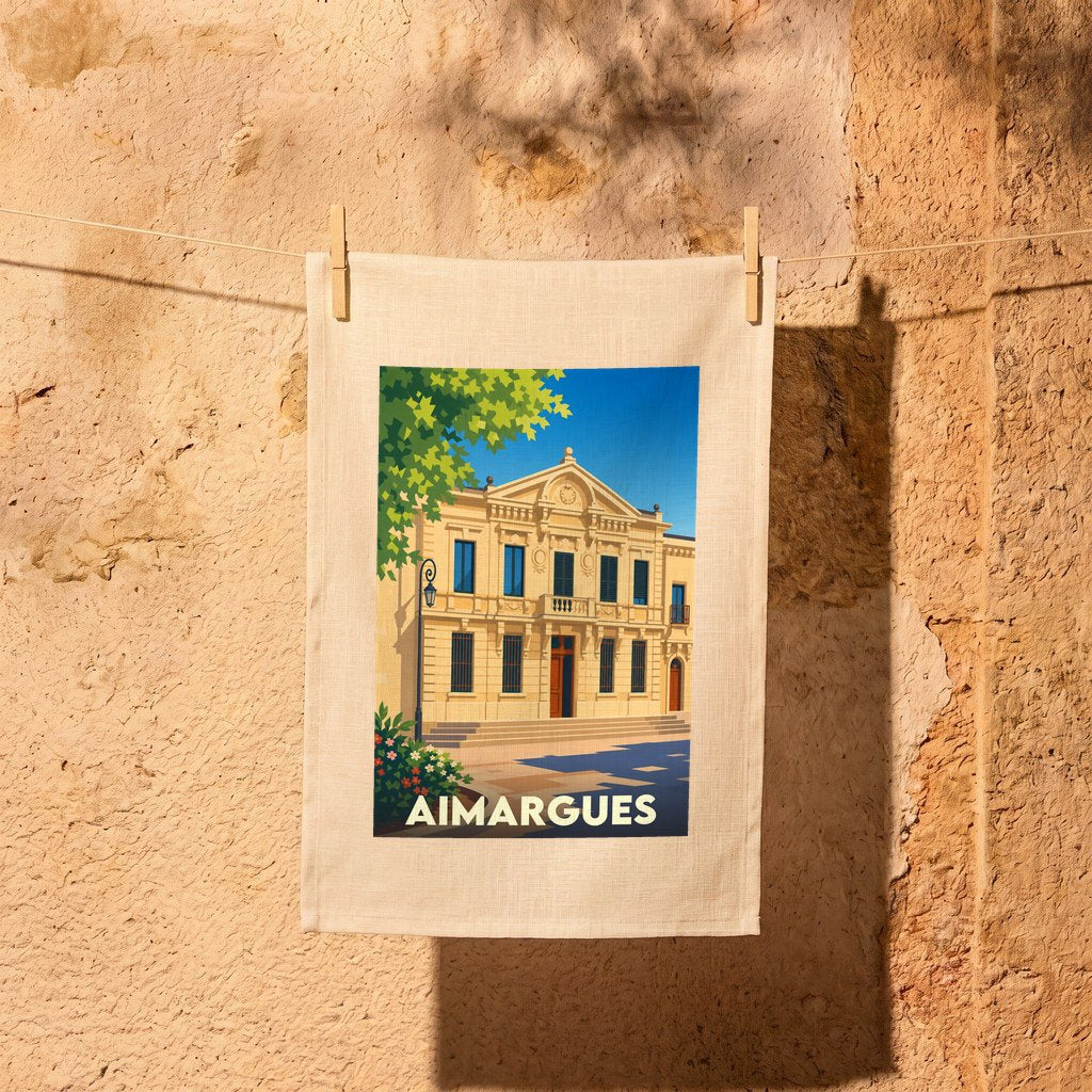 Torchon souvenir de la ville d'Aimargues avec une illustration stylisée de son hôtel de ville.