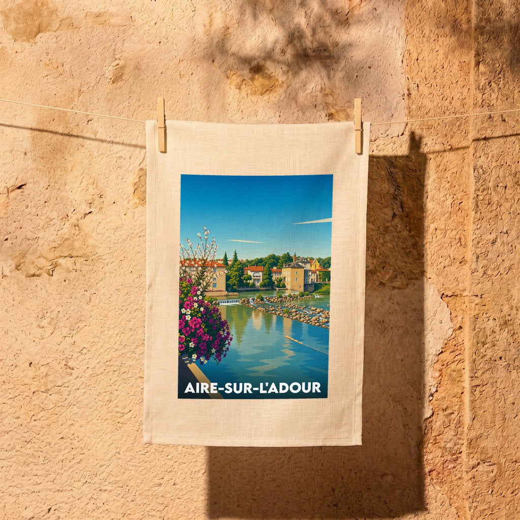 Torchon souvenir de la ville d'Aire-sur-l'Adour illustré par un paysage de bord de rivière coloré.
