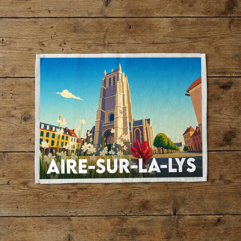Torchon souvenir de la ville d'Aire-sur-la-Lys avec une illustration stylisée de son église et de son centre historique.
