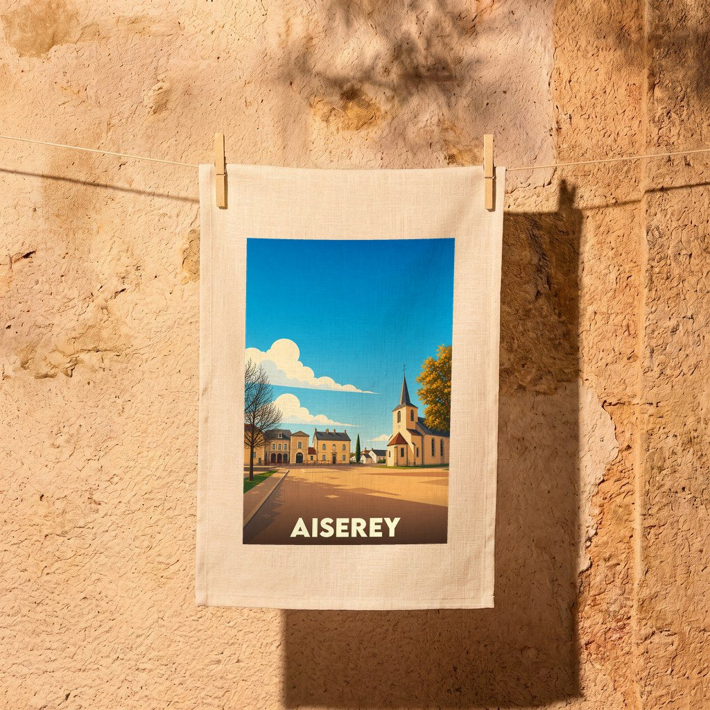 Torchon souvenir de la ville d'Aiserey avec une illustration stylisée de sa place principale.