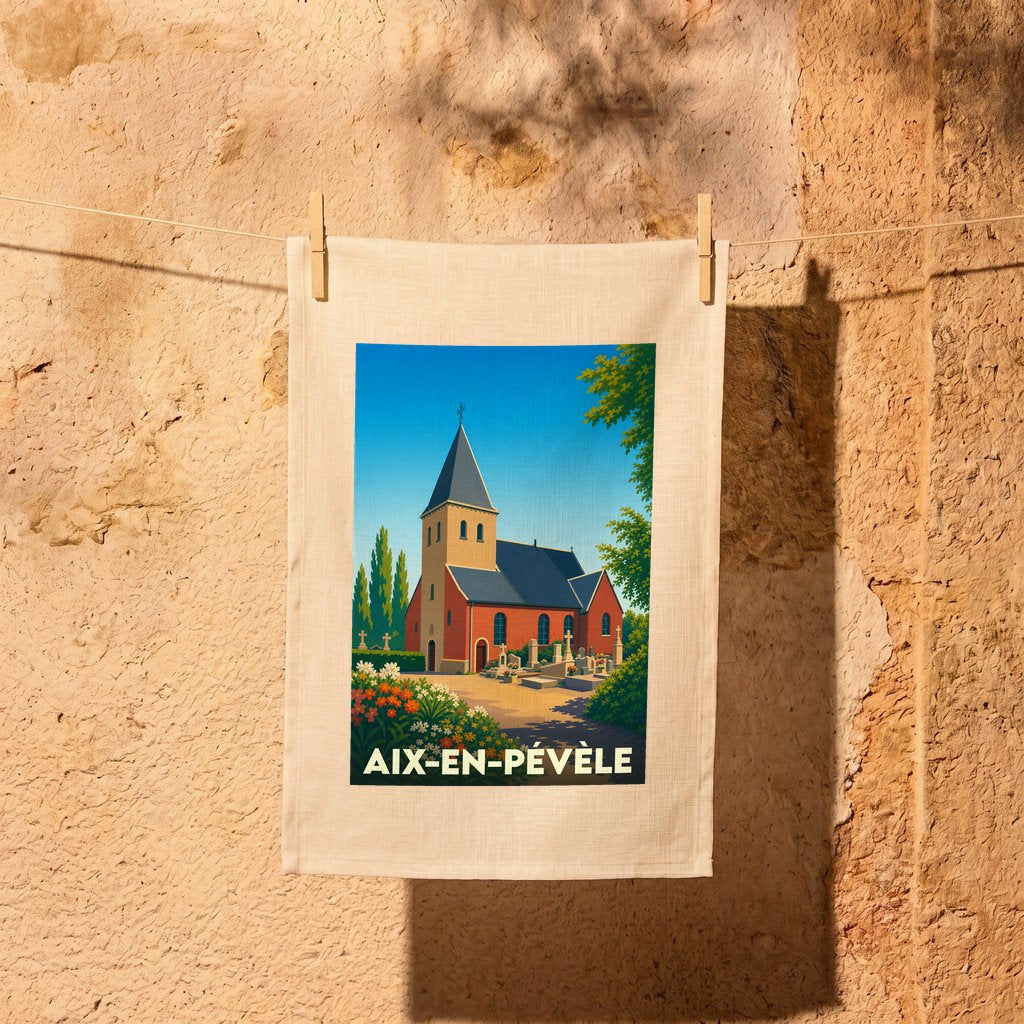 Torchon souvenir de la ville d'Aix-en-Pévèle avec une illustration stylisée de son église.