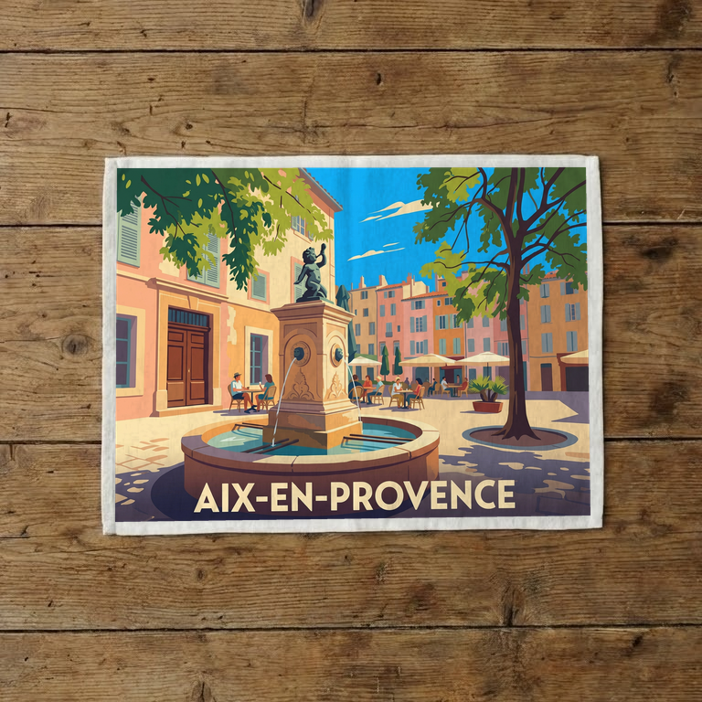 Torchon souvenir de la ville d'Aix-en-Provence avec une illustration stylisée d'une place ensoleillée.