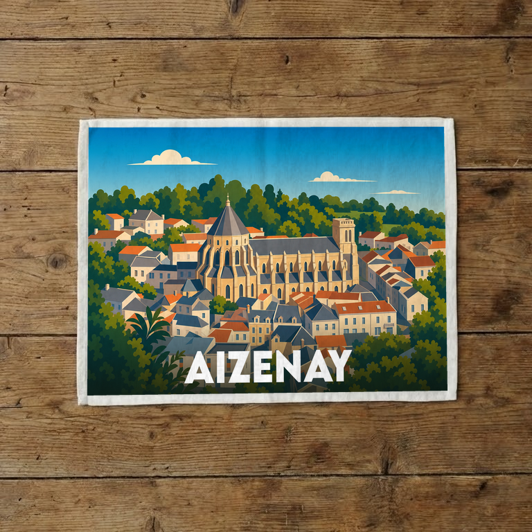 Torchon souvenir de la ville d'Aizenay avec une illustration stylisée de son église et de ses toits.