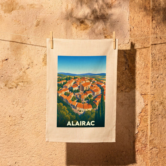 Torchon souvenir de la ville d'Alairac orné d'une illustration stylisée du village perché.