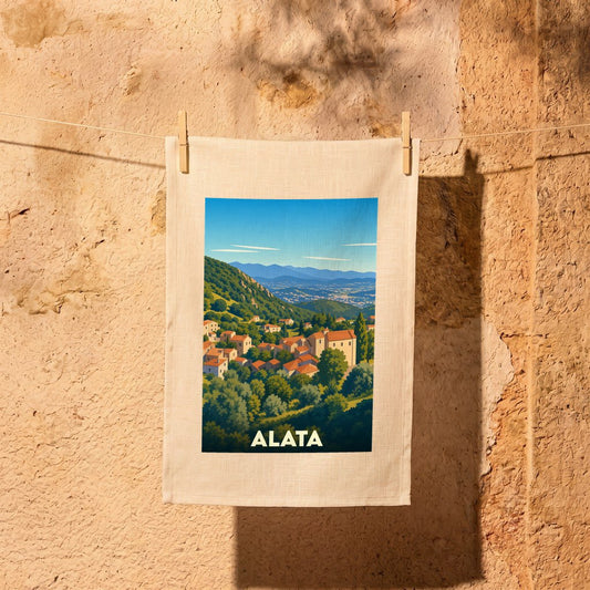 Torchon souvenir de la ville d'Alata avec une illustration stylisée d'un village corse niché dans la montagne.