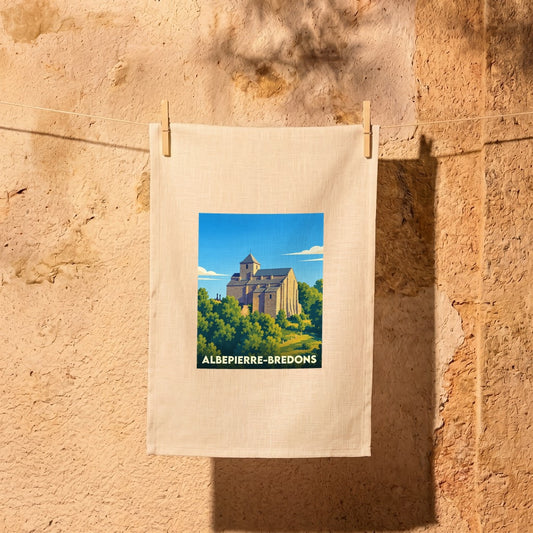 Torchon souvenir d'Albepierre-Bredons avec une illustration stylisée de son église médiévale nichée dans la verdure.
