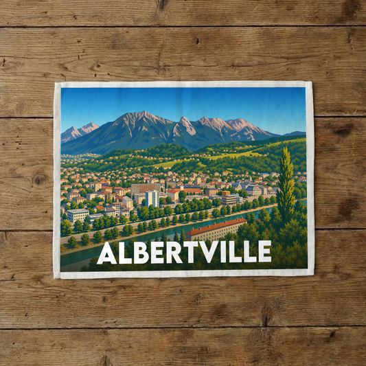 Torchon souvenir de la ville d'Albertville avec une illustration panoramique de la ville et des montagnes.