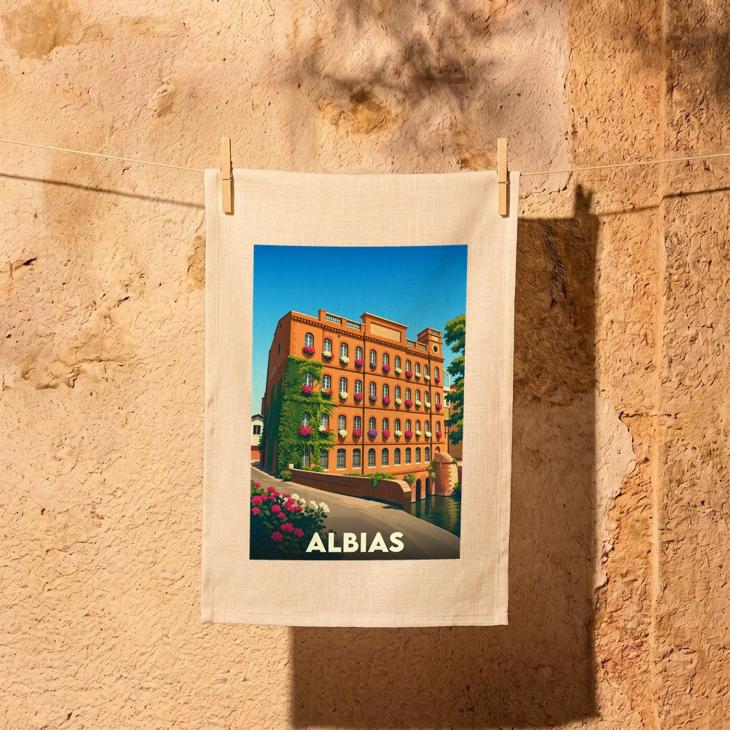 Torchon souvenir de la ville de Albias avec une illustration stylisée d'un bâtiment fleuri au bord de l'eau.