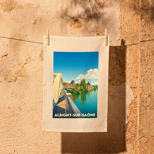Torchon souvenir de la ville de Albigny-sur-Saône avec une illustration stylisée d'un pont et de la rivière.