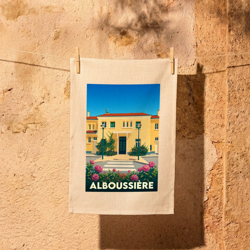 Torchon souvenir de la ville d'Alboussière avec une illustration stylisée.