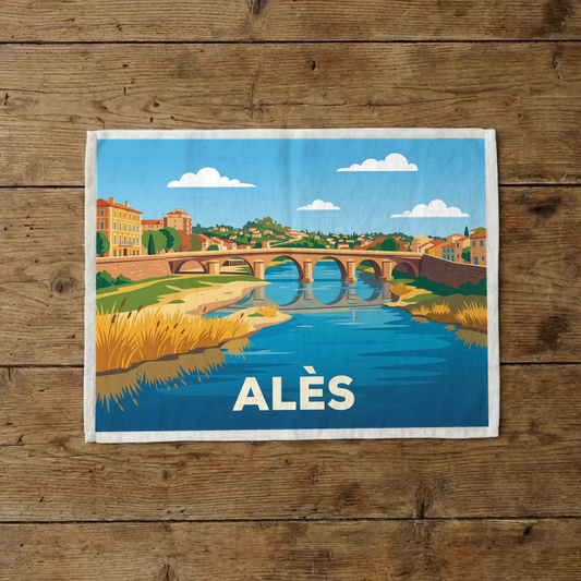 Torchon souvenir de la ville d'Alès avec une illustration stylisée représentant un pont enjambant une rivière.