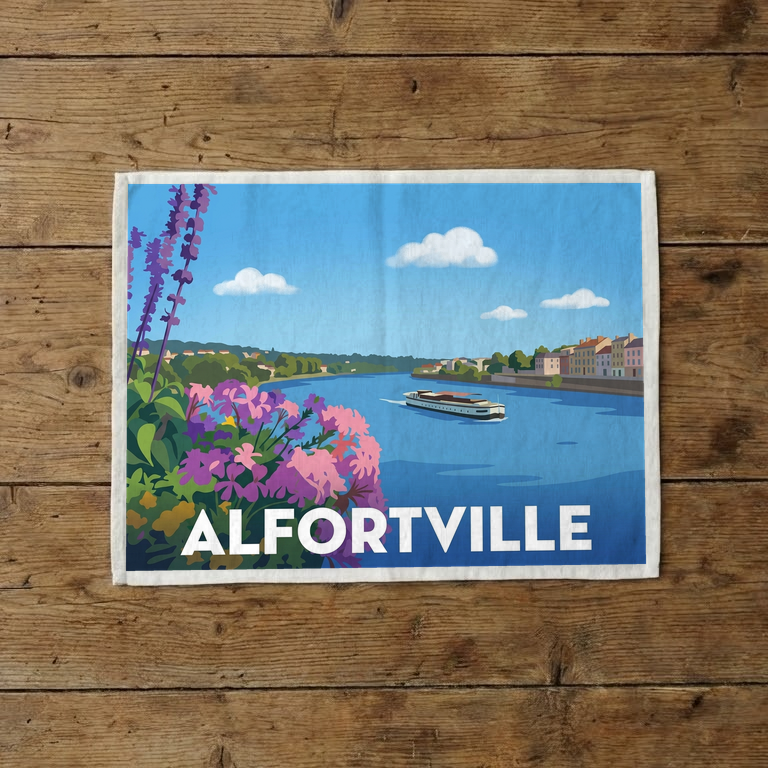 Torchon souvenir de la ville d'Alfortville avec une illustration stylisée des bords de l'eau.