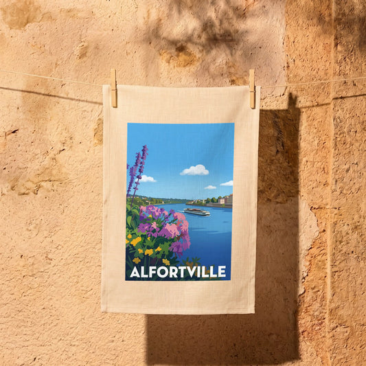 Torchon souvenir de la ville d'Alfortville avec une illustration stylisée des bords de l'eau.