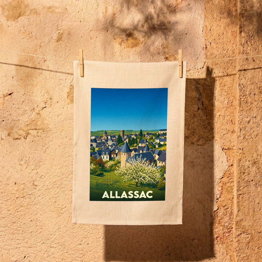 Torchon souvenir de la ville d'Allassac avec une illustration stylisée d'un paysage urbain fleuri.