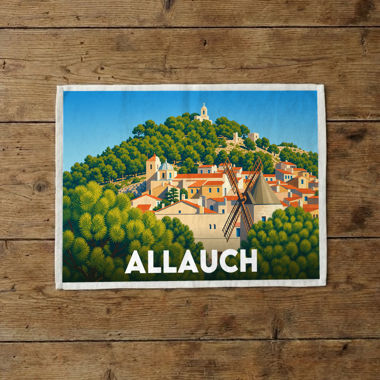 Torchon souvenir de la ville d'Allauch avec une illustration stylisée du village et de son moulin.