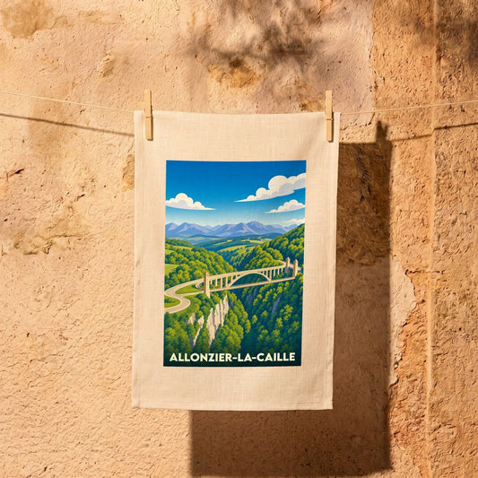 Torchon souvenir de la ville d'Allonzier-la-Caille avec une illustration stylisée du pont de la Caille.
